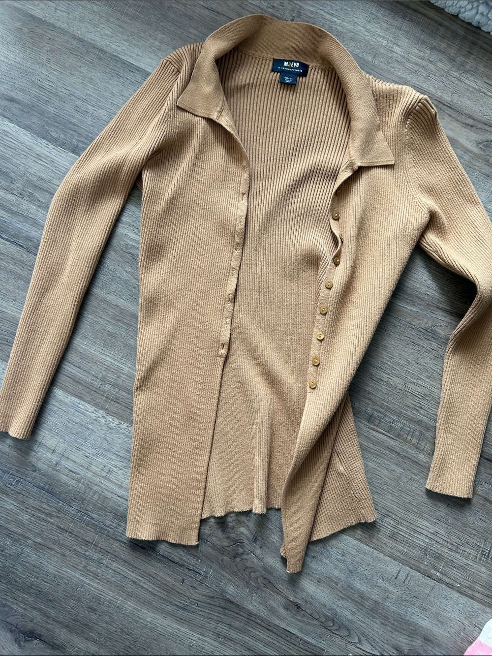 Anthropologie Camel Ribbed Collared Button-Front Cardigan